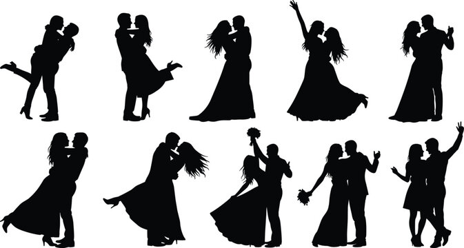 Set of black silhouettes of wedding couples bride and groom dancing and embracing in love isolated on white background for marriage concept (22 words)