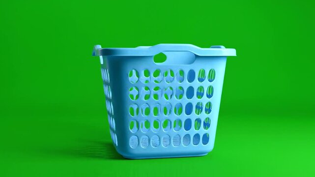 Rotating blue plastic laundry hamper on green chroma key background