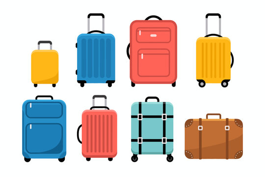 Collection of colorful flat travel suitcases and luggage white background baggage