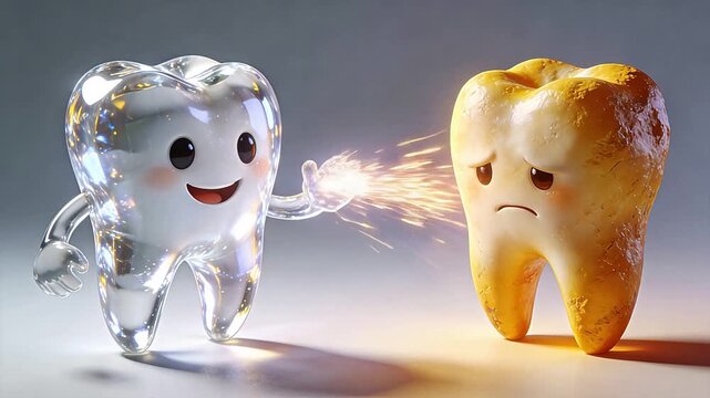 Transparent healthy tooth and yellow decayed tooth with light effect