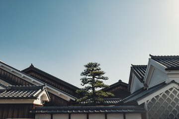 日本の伝統的な町家の屋根と青空　和風建築と静かな街並み