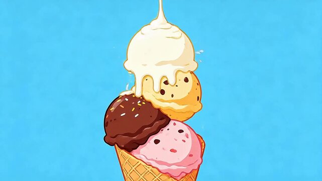 Colorful cartoon ice cream cone with sprinkles on blue background
