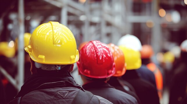 Group of industrial workers wearing protective headwear stand in line at a work site.