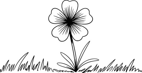 Simple Black Outline Flower with Grass White Background © Anjuman_42