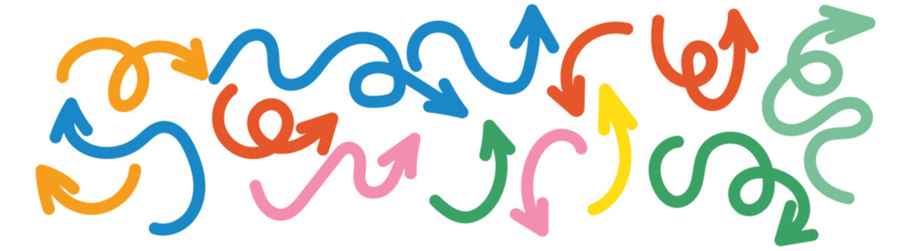 Vector Hand Drawn Line Arrows Set. Abstract Color Sketch Arrows. Doodle Curve Line Marker Elements.