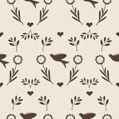 Obraz premium Seamless minimal folk pattern with birds, floral motifs and hearts in warm neutral tones for nursery and Scandinavian decor. Minimal brown pattern for luxury textiles.