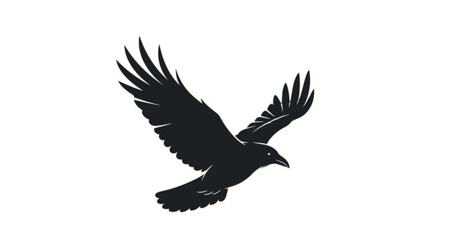 Black Raven Silhouette Flying Isolated on White Background, Minimalist Style