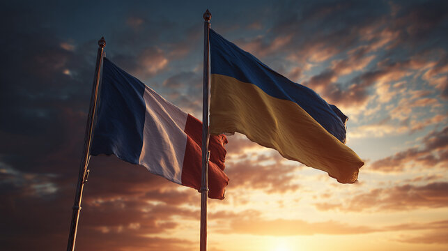 Flags of france and ukraine flying together at sunset symbolizing unity and hope in a global context