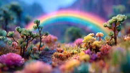 A vibrant rainbow appears in a colorful landscape with trees and flowers
