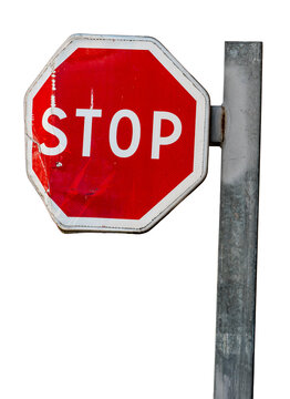 Panneau de signalisation Stop vintage us&eacute;, poteau m&eacute;tallique d&eacute;tour&eacute; sur fond transparent