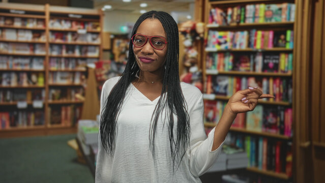 Woman in white blouse and red glasses points finger at bookstore shelf, long braids and manicured nails visible while smiling and gesturing; confidence.