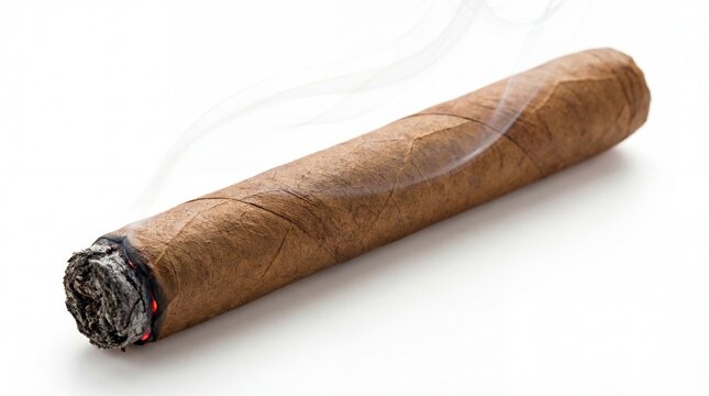 Close-up of a Smoldering Cigar on a White Background.