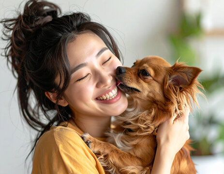 Junges Mädchen hält ihren Hund auf dem Arm