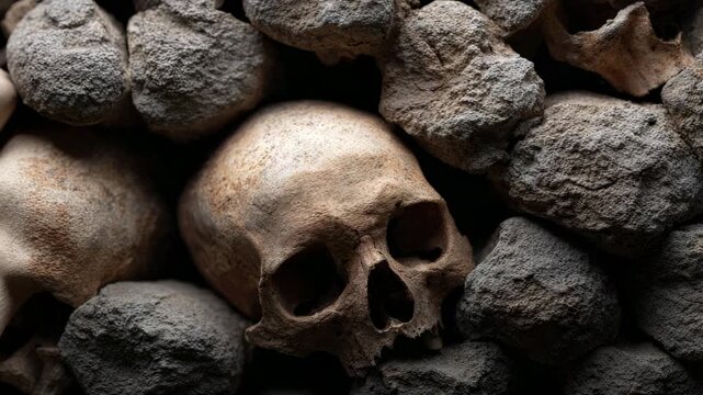Ancient human skulls and bones stacked together in a dark catacomb, creating a macabre background. Somber lighting highlights the texture of the remains in an old, historical ossuary or crypt