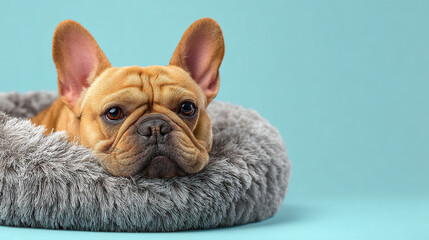 A cute French Bulldog rests its head on a soft gray dog bed