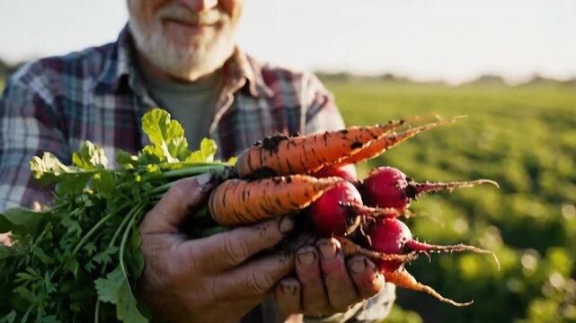 Farmer holding fresh carrots and radishes from organic garden harvest
