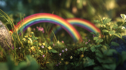 A vibrant rainbow appears in a lush green landscape with colorful flowers