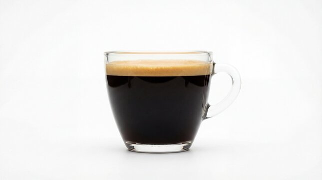 Aromatic espresso in a clear glass cup on white.