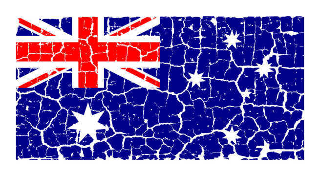 Illustration of the national flag of Australia painted on a cracked wall. Grunge distressed style background with official Australian blue color with Union Jack and Southern Cross stars.