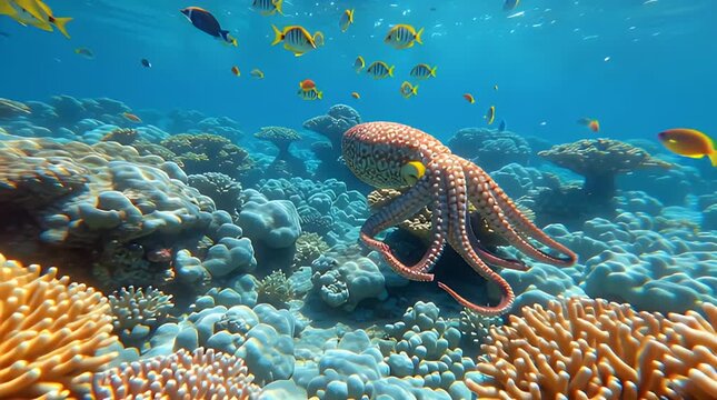 Vibrant underwater world A magnificent octopus explores a thriving coral reef, surrounded by colorful tropical fish in crystal-clear ocean depths