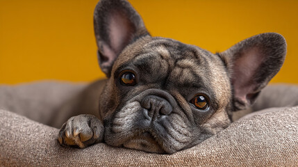 A brown French Bulldog resting its head on a beige cushion