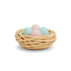 Pastel Colored Eggs in a Woven Basket on White Background