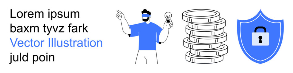 Finance security, data protection, online transactions, innovation, cryptocurrency, financial management. A person holds a bulb, coins and a shield lock. Finance security and data protection concept