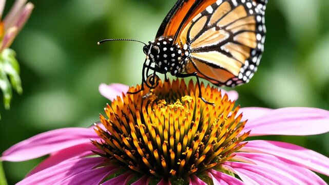 Monarch butterfly feeding on purple coneflower with extended proboscis in sunlit garden