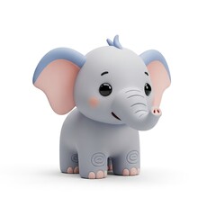 Cute Gray Cartoon Elephant Baby Toy with Big Eyes and Pink Cheeks on White Background