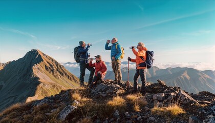 Obraz premium Four Hikers Hydrating on a Mountain Peak with Panoramic Views