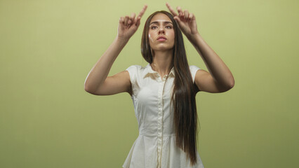 Naklejka premium Teenage woman pointing index finger upward against a studio green wall, wearing a white sleeveless dress with long hair and closed eyes in a still expressive pose; contemplation reflection.