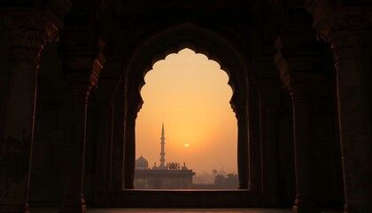Naklejka premium Scenic view from mosque window during sunrise for Ramadan.