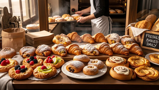 Assortment of freshly baked pastries and croissants displayed on wooden table in bakery with baker working in background