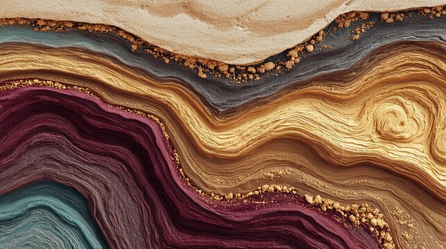 Abstract geological layers forming wave-like patterns in molten earth tones.