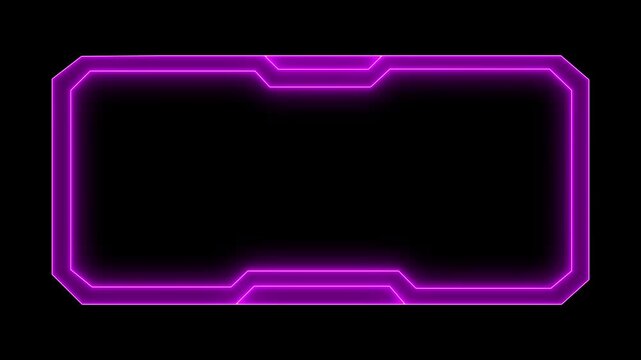 A vibrant purple neon frame hood with an isolated, futuristic, geometric design on a black background, perfect for digital interfaces or sci-fi concepts.