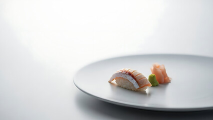 Minimalist sushi nigiri piece on white ceramic plate with wasabi and pickled ginger side serve against clean bright studio background for fine dining