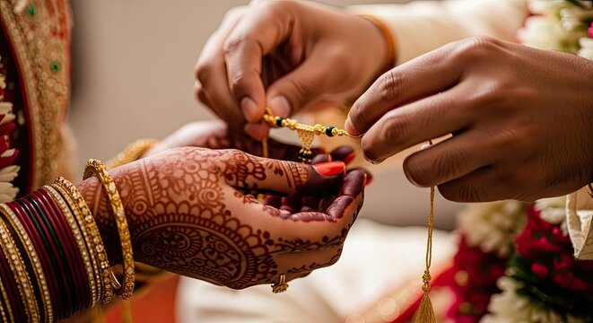 Close-up Indian couple exchanging Mangalsutra necklaces during a wedding ceremony. Traditional, intimate, cultural, love, marriage, ritual, hands, detail.