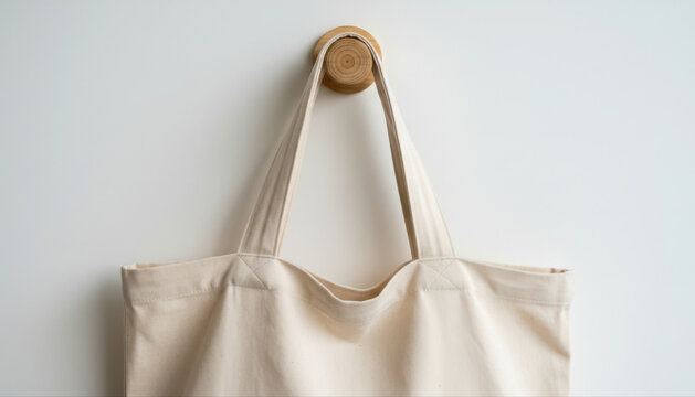 White canvas tote bag hanging on a wooden hook against a plain white wall