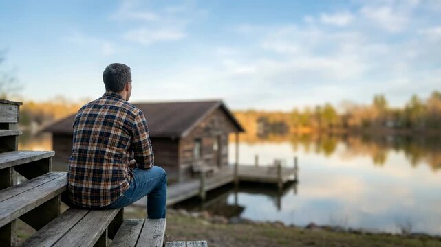 A man sits on a wooden bench near a body of water, observing a wooden structure on the opposite shore.