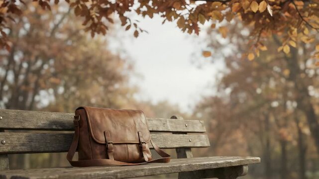 A brown leather bag sits on a wooden bench in a park surrounded by trees with autumn foliage. Leaves fall gently, capturing the essence of the season