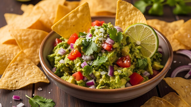 Fresh chunky guacamole in ceramic bowl topped with diced tomatoes red onions and cilantro served with crunchy corn tortilla chips on rustic wood table