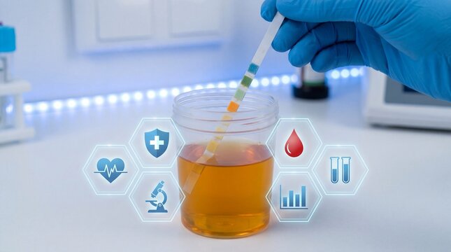 Dipstick in amber urine sample. Health icons floating. Clinical lab setting, diagnostic process, medical screening.