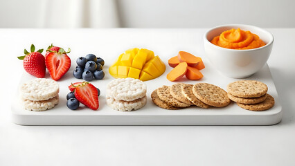 Obraz premium Healthy snack platter with fruits, crackers, and puree, strawberries, blueberries, mango, apricots, rice cakes, round biscuits, baby food