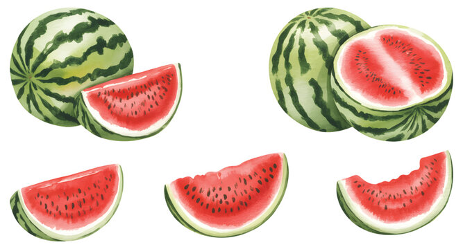 Hand painted watercolor illustration of ripe red watermelon, isolated on a clean white background. Watercolor set of fresh watermelon pieces.