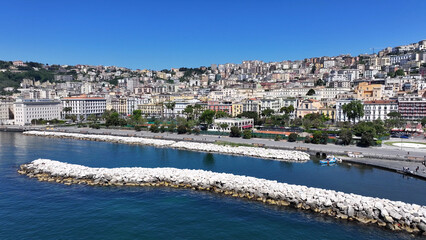 Obraz premium Villa Comunale Park In Naples Campania Italy. Breathtaking Aerial Landscape Of Famous Leisure Park Of The City. Business Sky Background Downtown Cityscape. Outdoor Downtown Panning Wide.