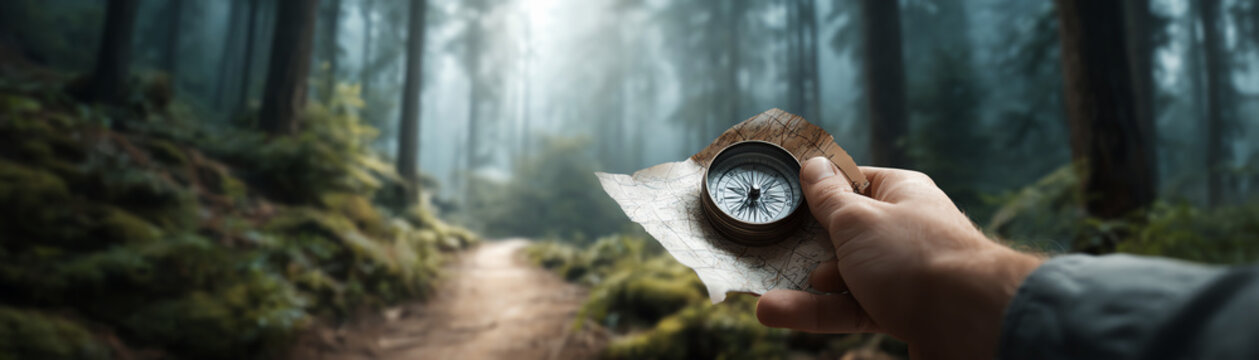 Hand holding compass and folded map for exploration on forest path. determined adventure finding direction and navigation through wild