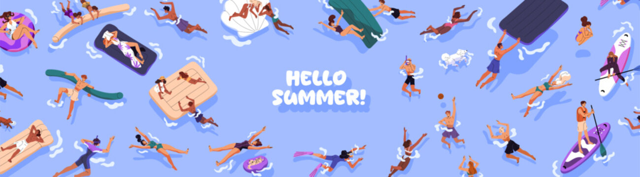 Hello Summer banner design with border from people swimming in water top view. Template with frame from tourists floating on pool rafts and inflatable circles on sea holidays. Flat vector illustration