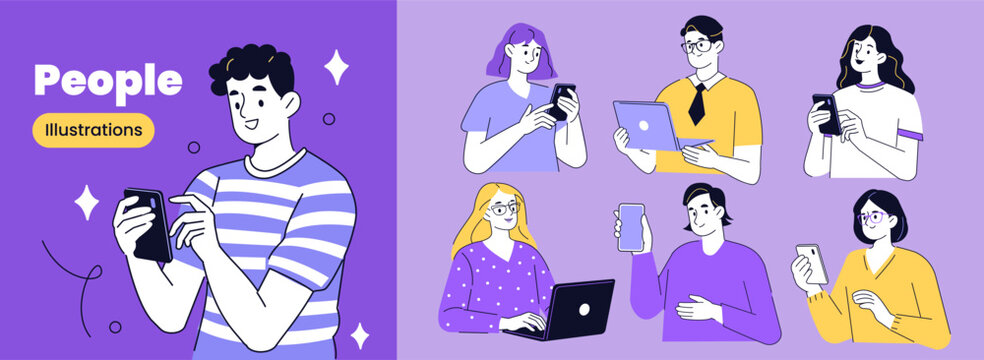 Various persons holding devices, using smartphones, laptops. Business activities vector illustration.