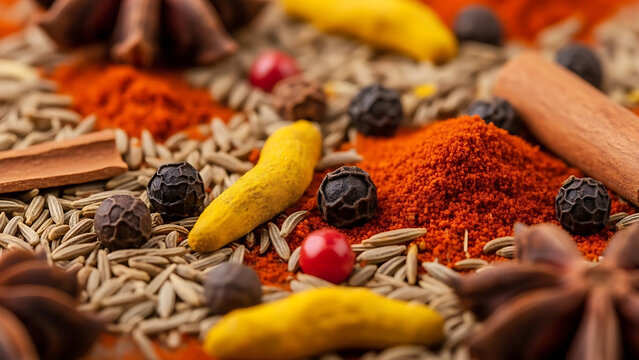 Vibrant assortment of traditional indian spices turmeric cumin cinnamon star anise and black peppercorns scattered on a textured surface