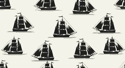 Seamless pattern of vintage sailing ships in black and white. © Rizal